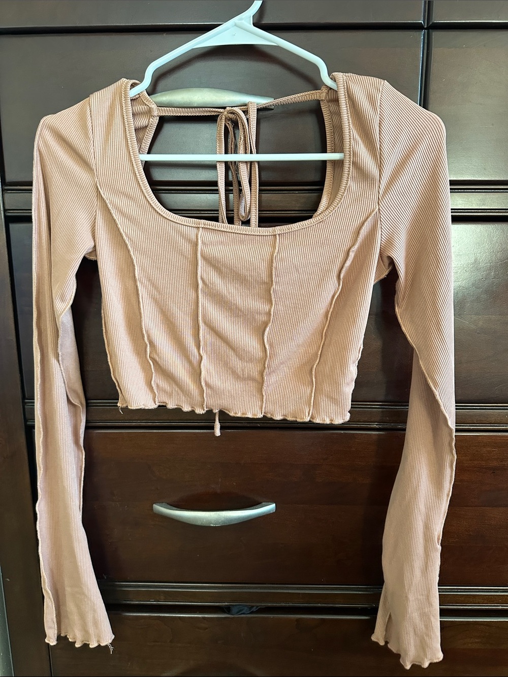 SHEIN Ribbed Long Sleeve Cropped Top in Blush